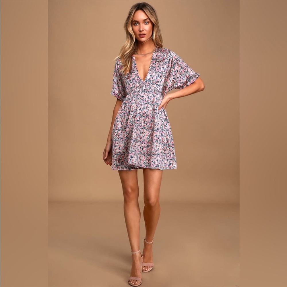 Lulu's Express Yourself Blush Pink Floral Print Satin Babydoll Dress